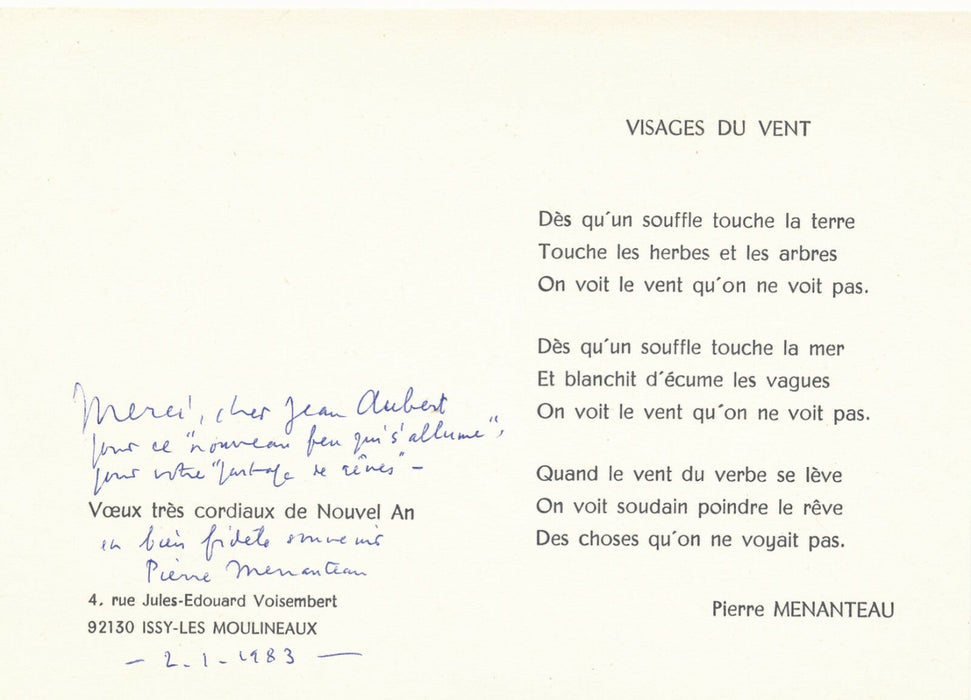 Pierre MENANTEAU 4 lettres autographes signées Aubert Duhamel Roland Le Cordier