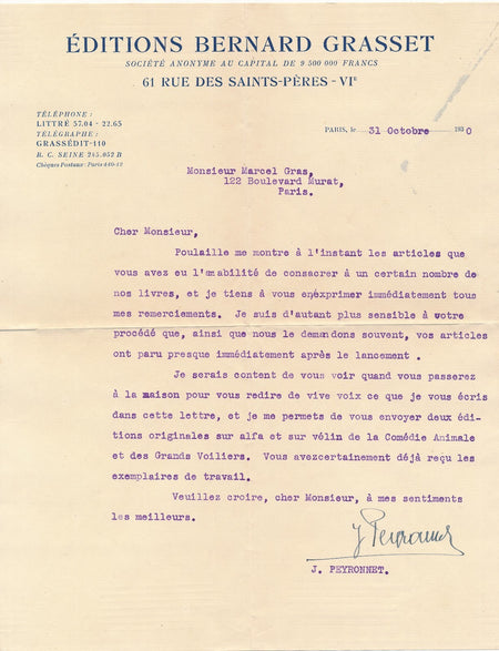 Joseph Peyronnet collaborateur Bernard Grasset lettre signée à Marcel Gras 