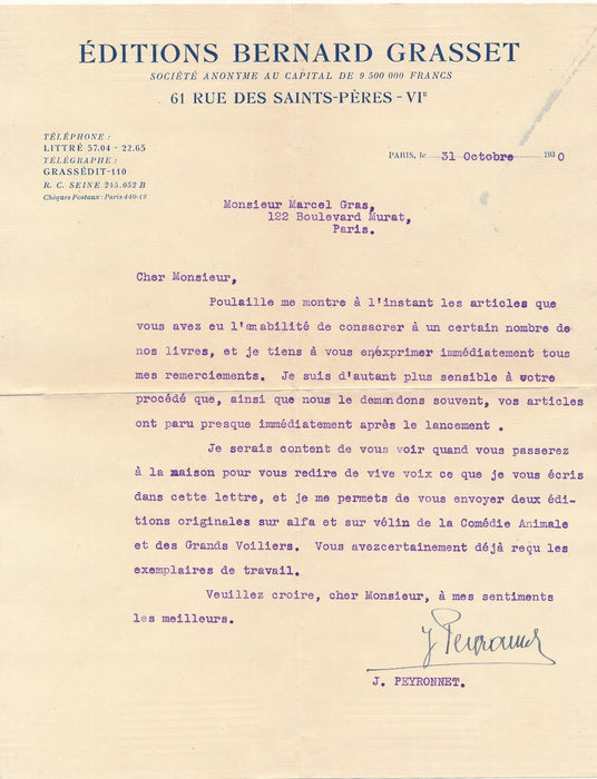 Joseph Peyronnet collaborateur Bernard Grasset lettre signée à Marcel Gras 
