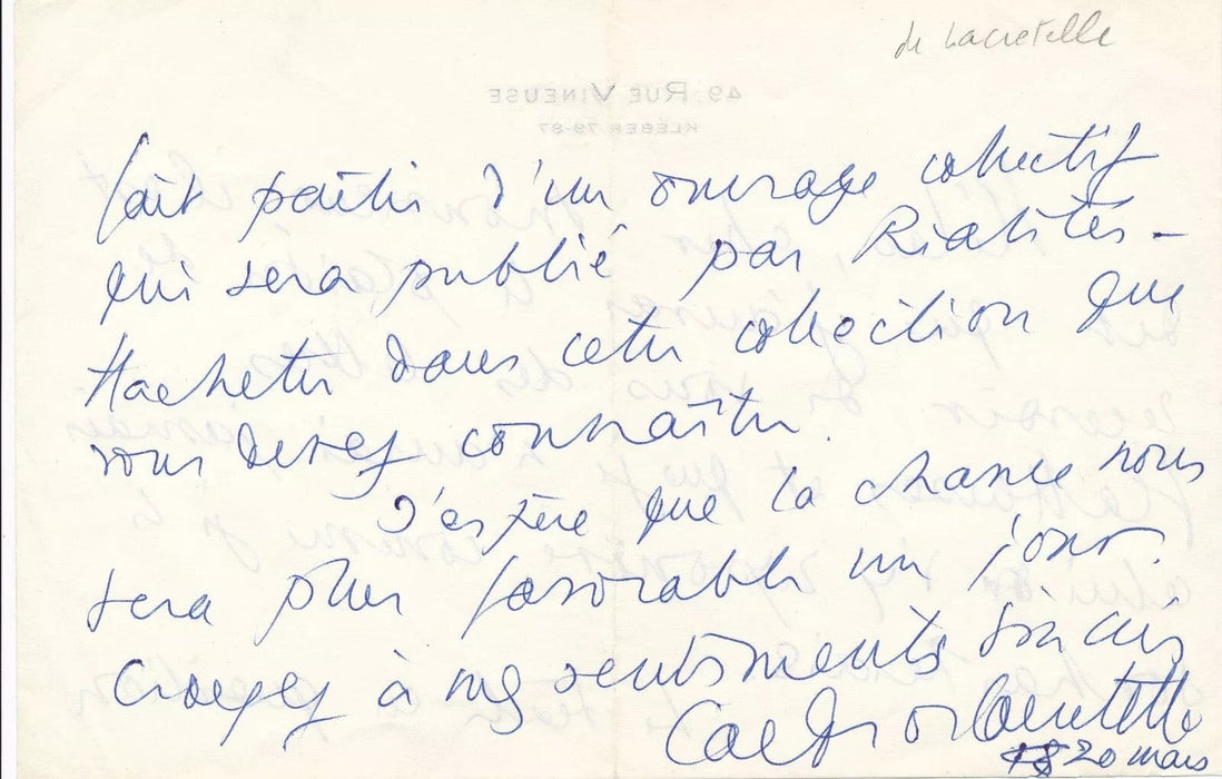 Jacques de Lacretelle 6 lettres autographes signées et 1 carte son travail