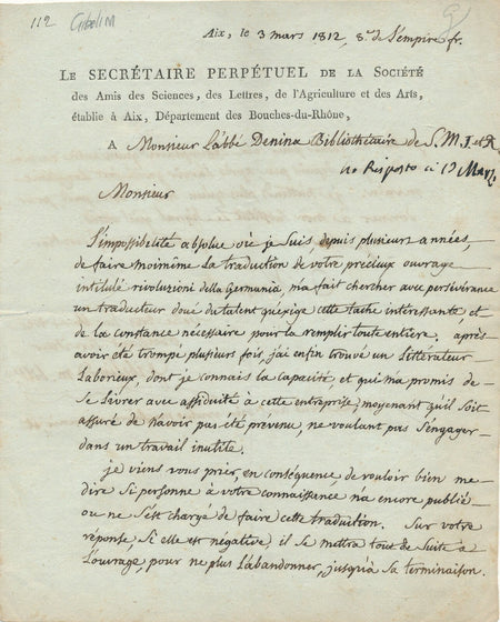 Jacques GIBELIN Aix médecin Lettre autographe signée à Carlo Denina traduction