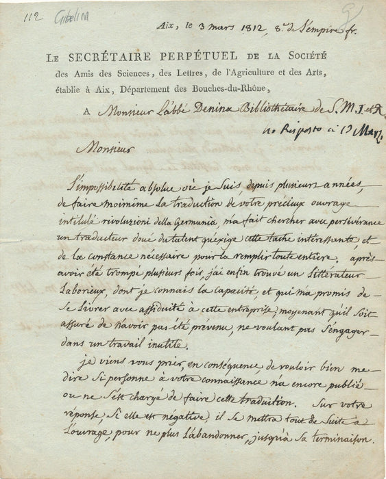 Jacques GIBELIN Aix médecin Lettre autographe signée à Carlo Denina traduction