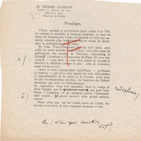 Pierre Gusman  corrections autographes signées pour l'imprimerie Prodiges