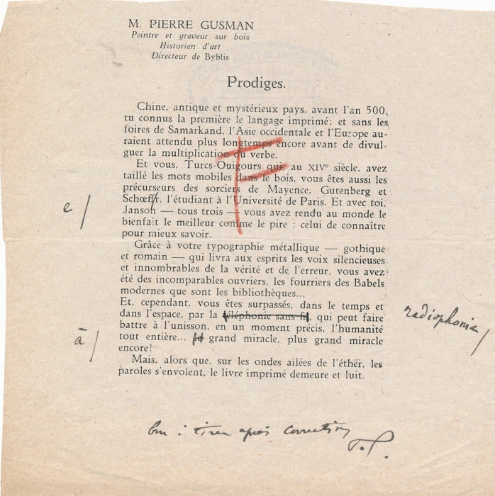 Pierre Gusman  corrections autographes signées pour l'imprimerie Prodiges