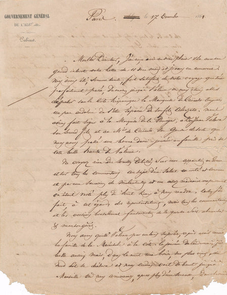 Marechal Pelissier lettre autographe signée famille jardin botanique