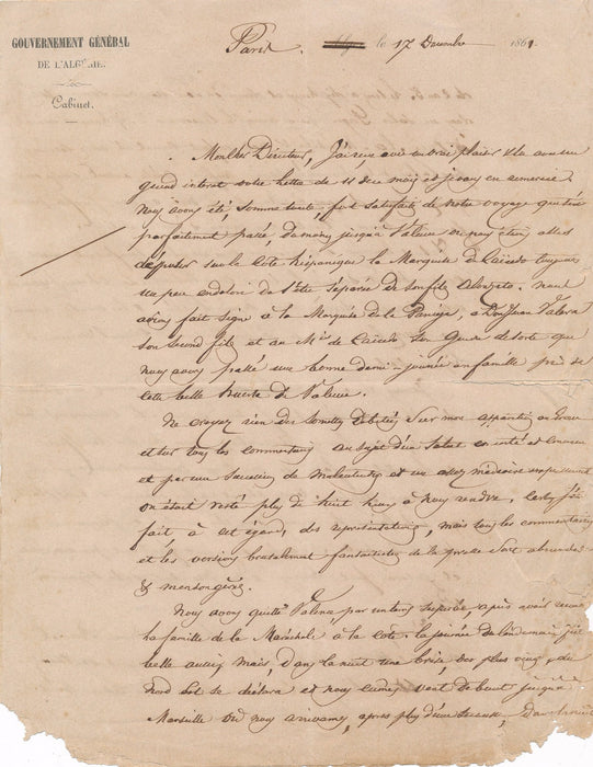 Marechal Pelissier lettre autographe signée famille jardin botanique