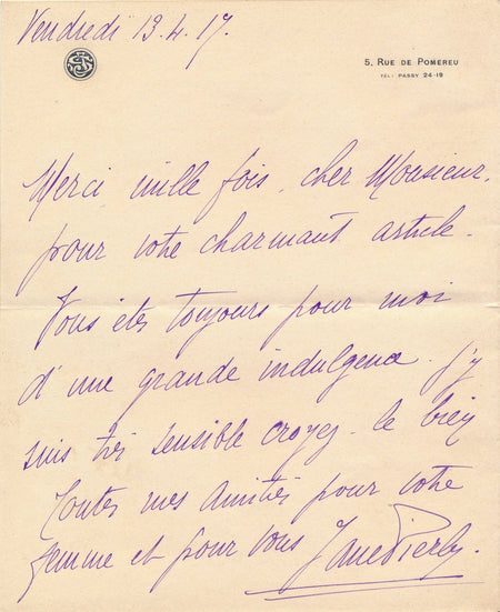 chanteuse actrice Jane Pierly lettre autographe signée journaliste Gaulois 