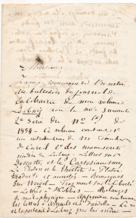 FOUCHER DE CAREIL annonce son LEIBNIZ 2e série manuscrit autographe lettre