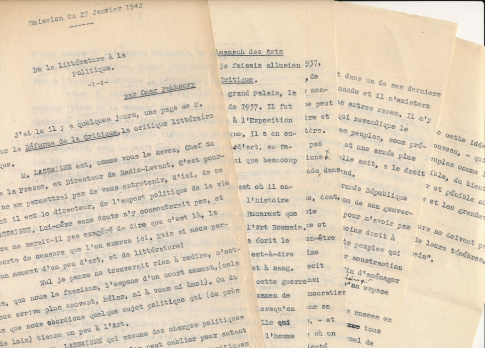 Omar FAKHOURY  libanais Liban texte dactylographié 1942 France libre guerre