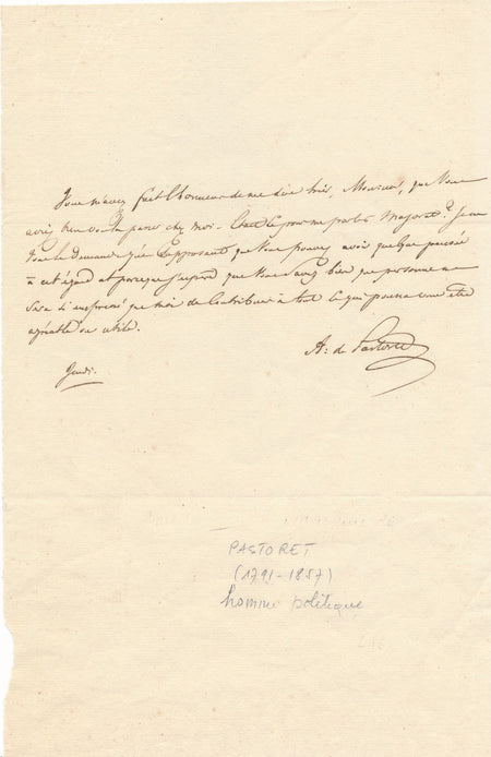 Amédée-David marquis PASTORET lettre autographe signée rencontre aide