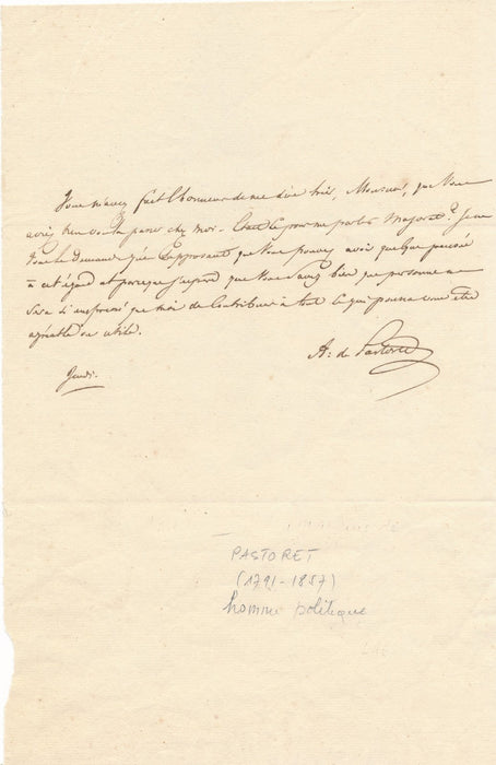 Amédée-David marquis PASTORET lettre autographe signée rencontre aide