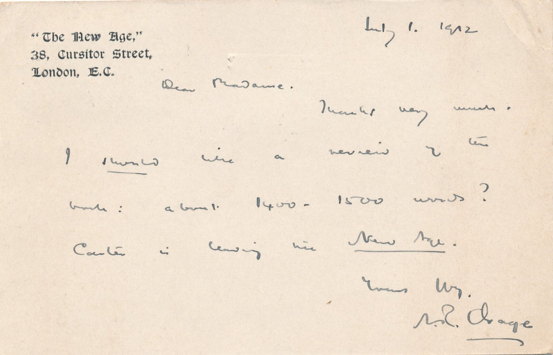 Alfred Richard ORAGE The New Age 4 lettres autographes signées presse Ciolkowska