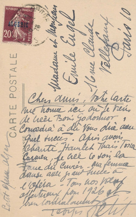 Chanteur Georges PETIT lettre autographe E. EUGEL Boris Godounov Farce du Cuvier