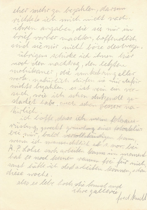 Suisse Fred Engelbert KNECHT lettre autographe signée 1952 galeriste Gisèle Réal