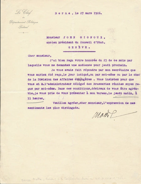 Giuseppe MOTTA président Conseil fédéral suisse SDN lettre signée GIGNOUX