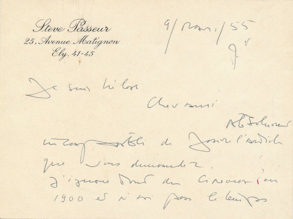 Steve Passeur cinéma premier film lettre autographe signée 