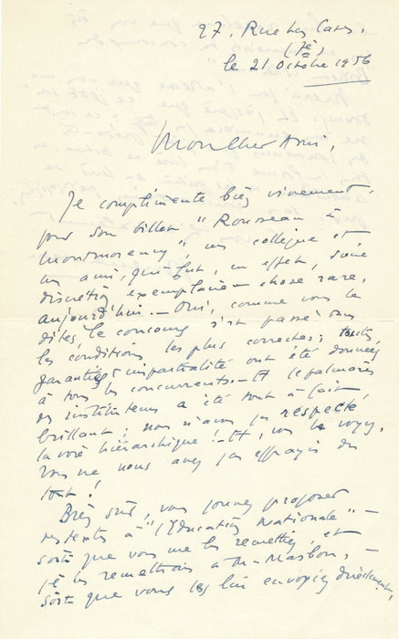 Pierre MENANTEAU 4 lettres autographes signées Aubert Duhamel Roland Le Cordier