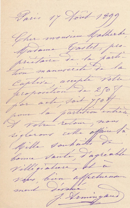 Jules ARMINGAUD compositeur partition Captive Félicien David en vente lettre