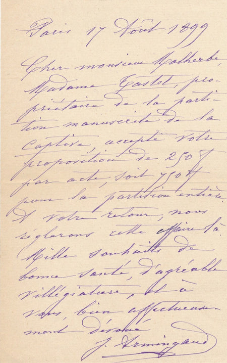 Jules ARMINGAUD compositeur partition Captive Félicien David en vente lettre