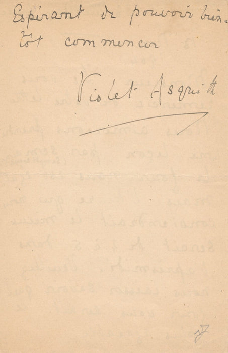 Anglais Arthur ASQUITH militaire ET soeur Violet Paris lettre autographe signée