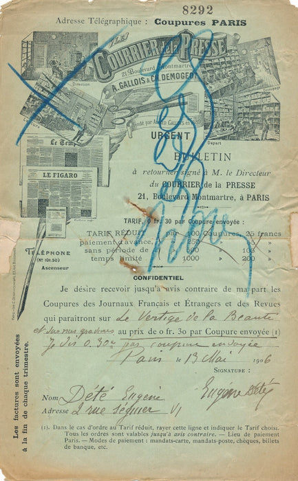 Eugène DÉTÉ graveur illustrateur lettre signée coupure presse Vertiges Beauté