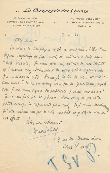 André OBEY lettre autographe signée Compangie des Quinze