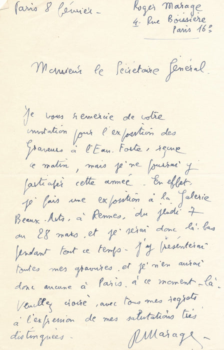Roger MARAGE  lettre autographe signée sociétaire salon d'Hiver galerie Rennes