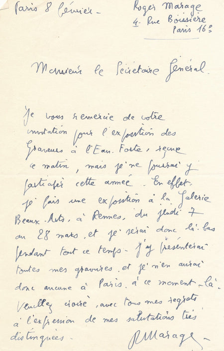 Roger MARAGE  lettre autographe signée sociétaire salon d'Hiver galerie Rennes
