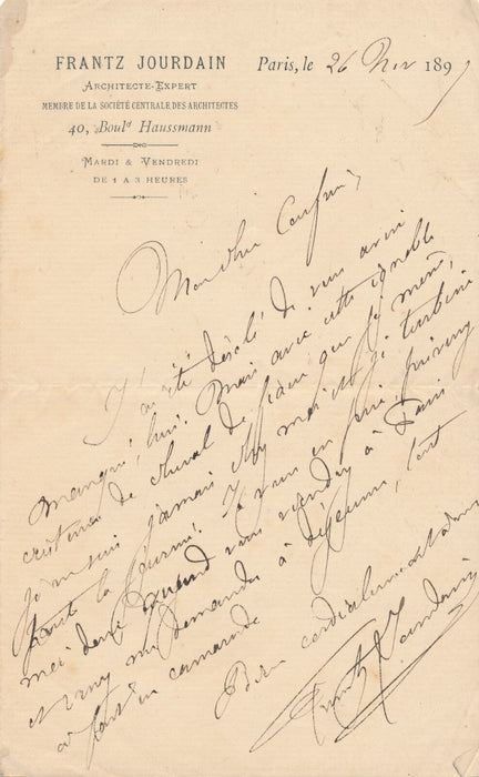 Frantz JOURDAIN architecte 3 lettres autographes signées Joachim MALÉZIEUX