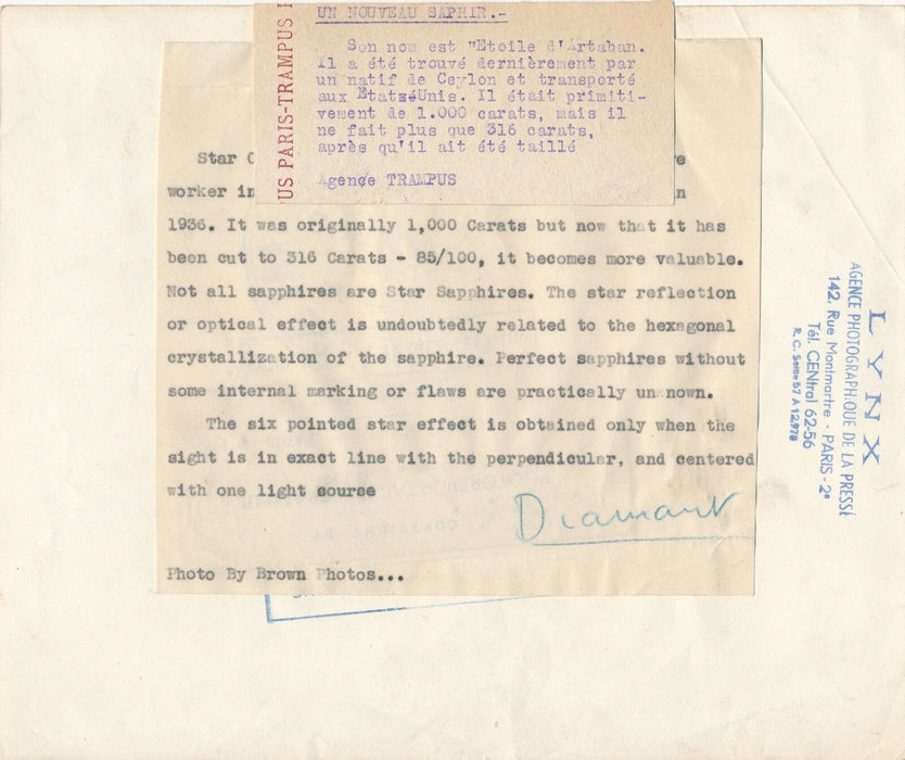 main diamant Étoile Artaban 316 carats Ceylan photo photographie 1936