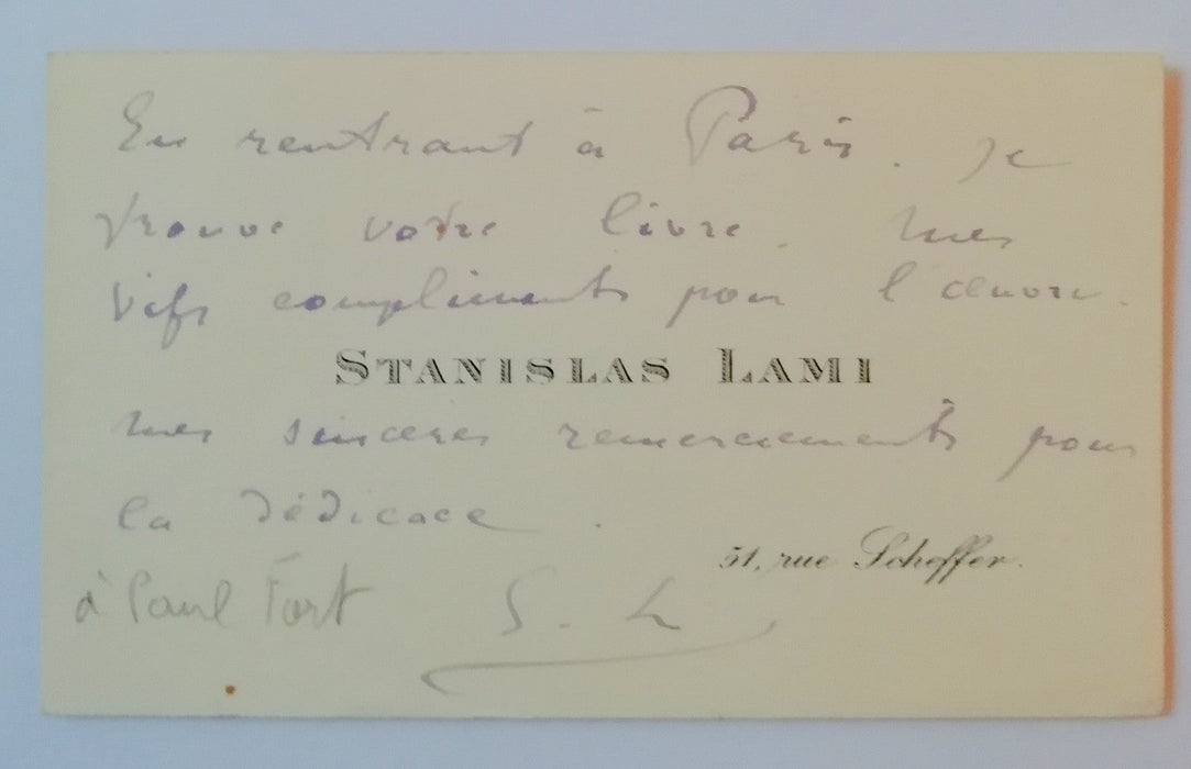 sculpteur historien Stanislas Lami carte autographe signée à Paul Fort