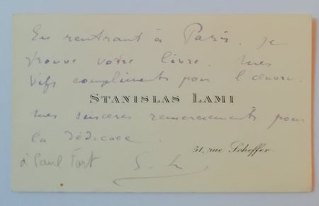 sculpteur historien Stanislas Lami carte autographe signée à Paul Fort