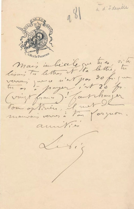 Jean Baptiste Auguste LELOIR père 2 lettres autographes signées amusantes