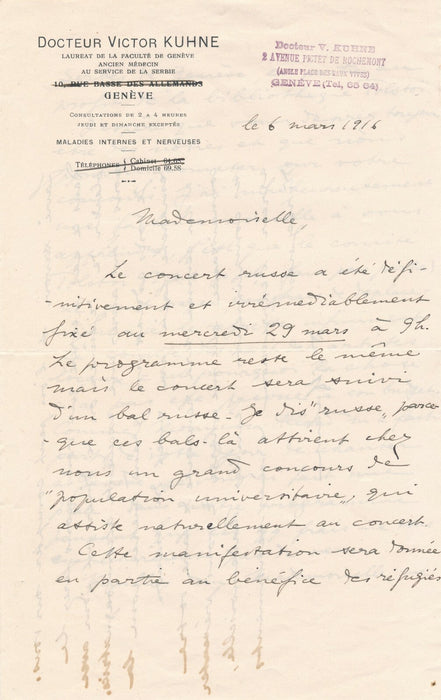 Victor KUHNE 4 Lettres Mercelle Million Serbie concert Société Tolstoï Genève