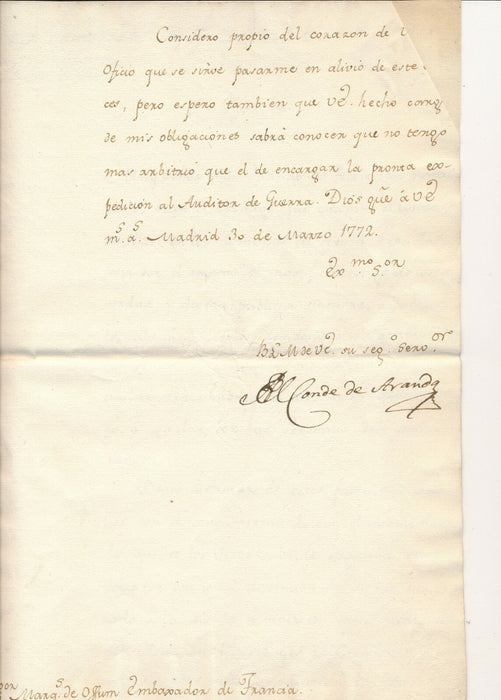 Pedro Pablo ABARDA DE BOLEA lettre signée ambassade espagne Bussy Ossun 1772