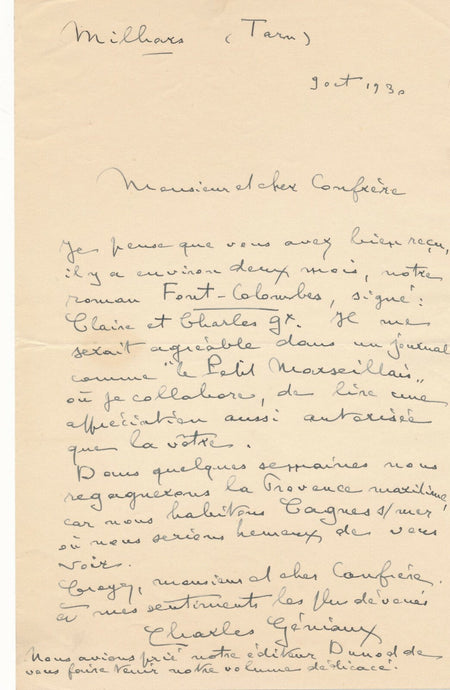 Charles GÉNIAUX 2 lettres autographes Font Colombes photographe Geniaux