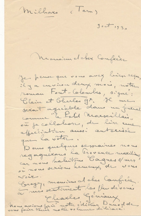 Charles GÉNIAUX 2 lettres autographes Font Colombes photographe Geniaux