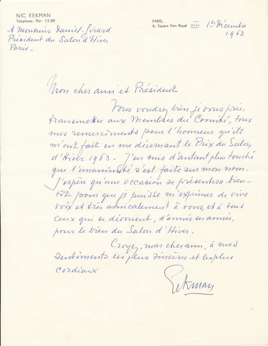 Nicolas EEKMAN  bel ensemble 1 gravure ET 7 lettres autographes signées Hollande