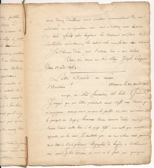 copie manuscrite 2 lettres Guiseppe Carpani Stendhal Haydine 1815 musique