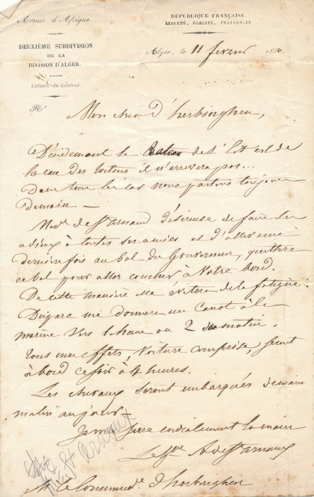 Saint Arnaud lettre autographe signée Poucques d Herbinghem marine Algérie 1850