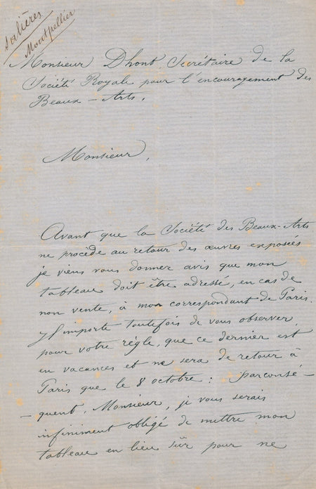 Paul-Narcisse SALIÈRES peintre lettre autographe retour oeuvre Belgique