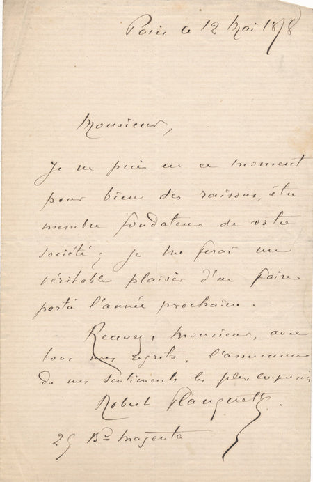 Robert PLANQUETTE fera partie de la societé l'année prochaine lettre autographe