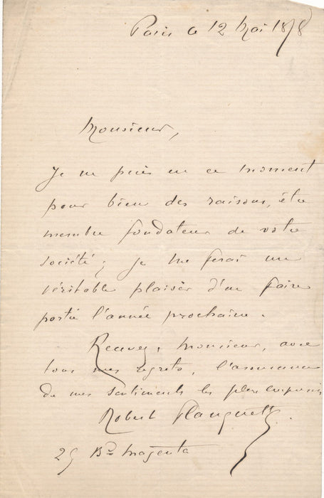 Robert PLANQUETTE fera partie de la societé l'année prochaine lettre autographe
