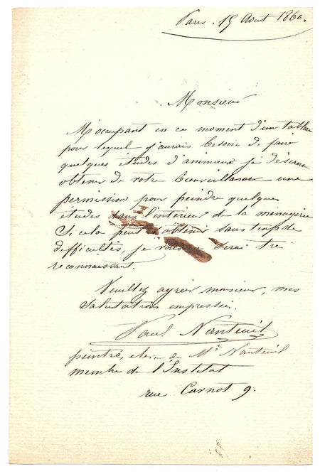 Paul NANTEUIL peindre dans la ménagerie autorisation lettre autographe signée