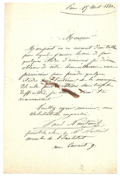 Paul NANTEUIL peindre dans la ménagerie autorisation lettre autographe signée