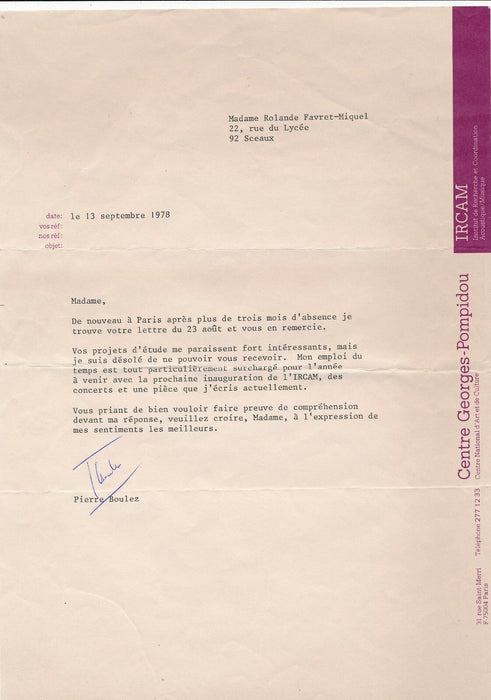 Compositeur Pierre BOULEZ Lettre signée IRCAM