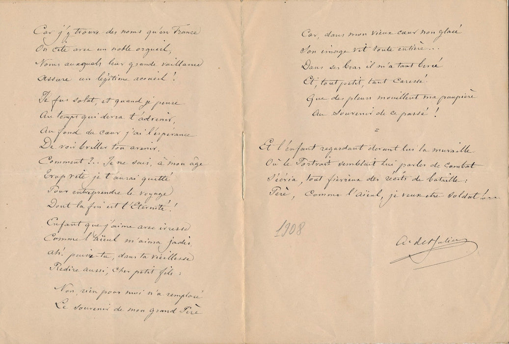 Poème autographe signé Julien Ader de Chièvres militaire Empereur Bonaparte 