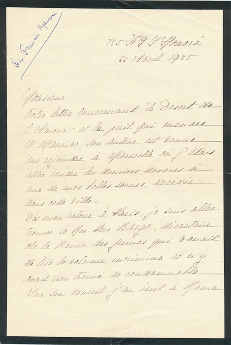 Marthe d’ARLOT DE CUMONT comtesse Fels lettre autographe signée à propos Mauriac