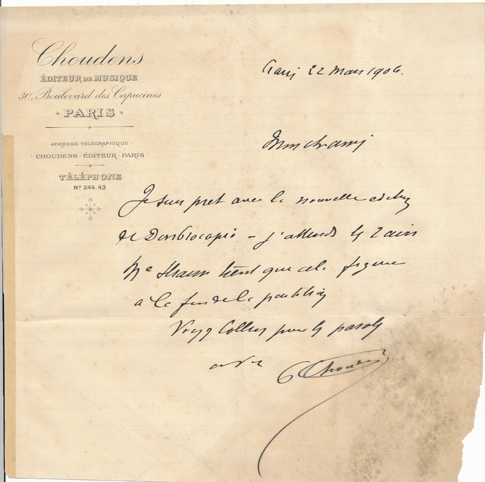Paul CHOUDENS fils Antoine éditeur de musique Paris 7 lettres Bizet Don Procapio