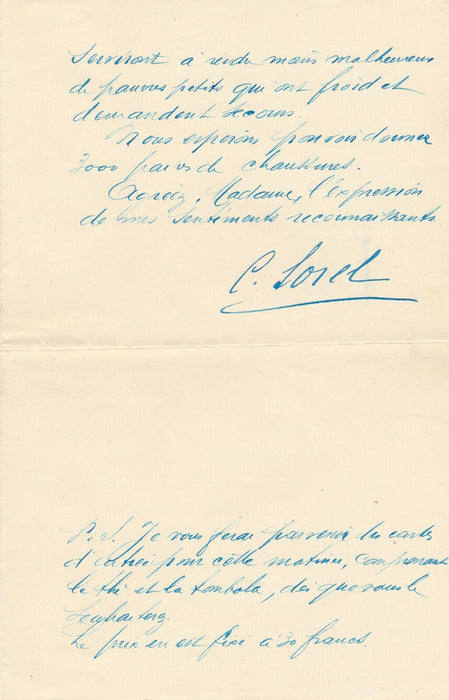 Cécile SOREL belle lettre autographe signée comtesse Mniszech aide enfants